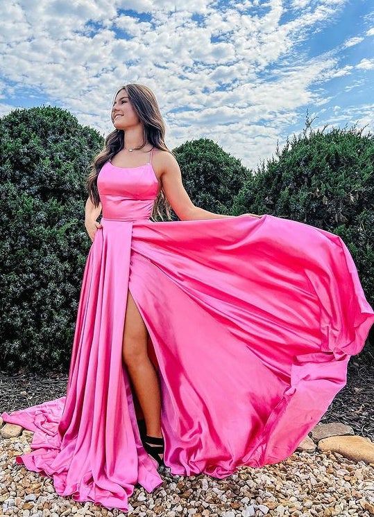 Hot Pink Prom Dress Slit Skirt Formal Ball Dress Evening Dress Danc Promcoming