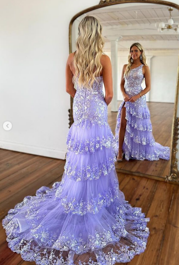 Lace Prom Dress Slit Skirt, Formal Dress, Lace Wedding Dress, Party Dresses PC1109