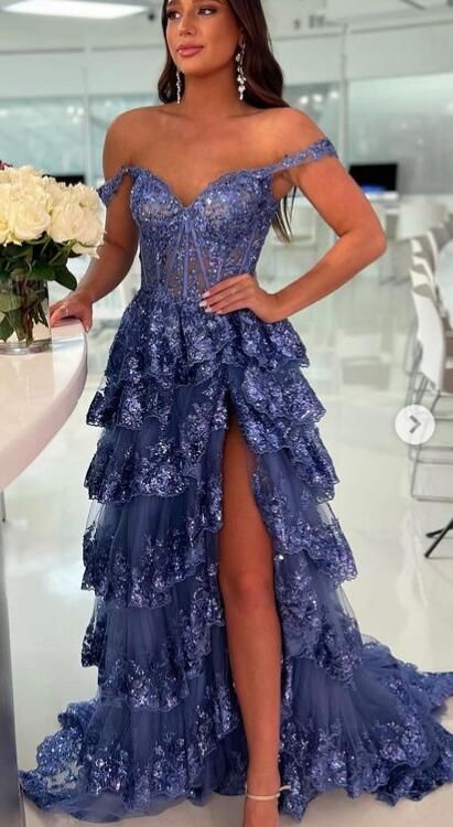 Lace Prom Dress Slit Skirt, Formal Dress, Evening Gown, Party Dresses PC1099