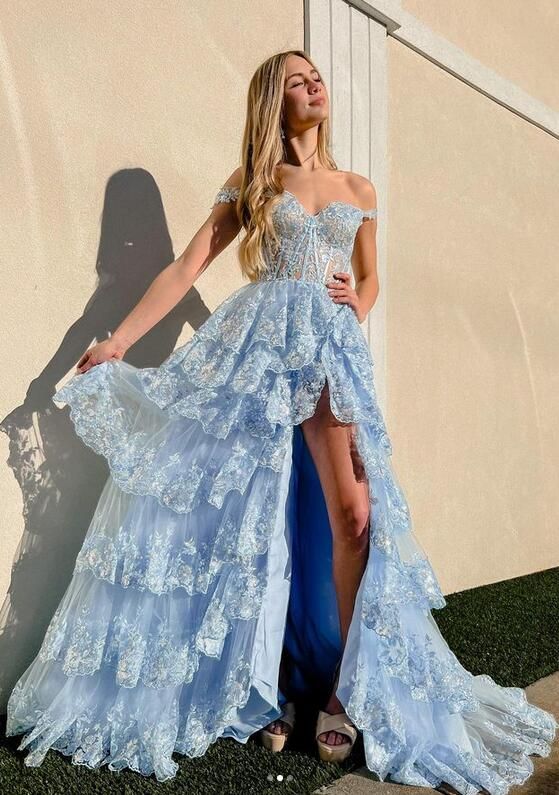 Lace Prom Dress Slit Skirt, Formal Dress, Evening Gown, Party Dresses PC1096