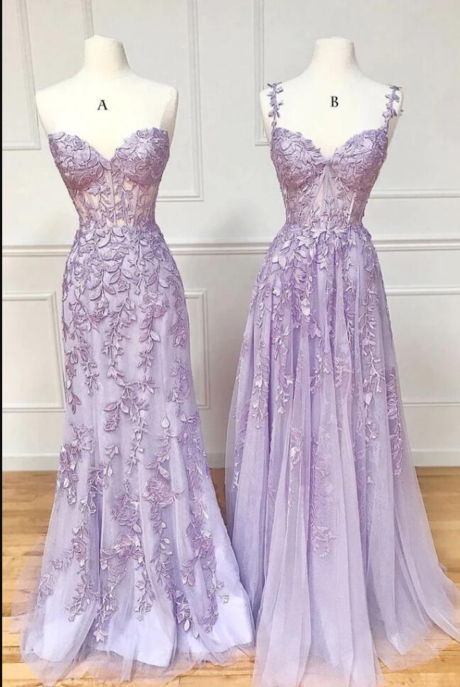 2023 Lilac Lace Prom Dresses Long ,Hocoming Dresses, Party Dresses PC1105