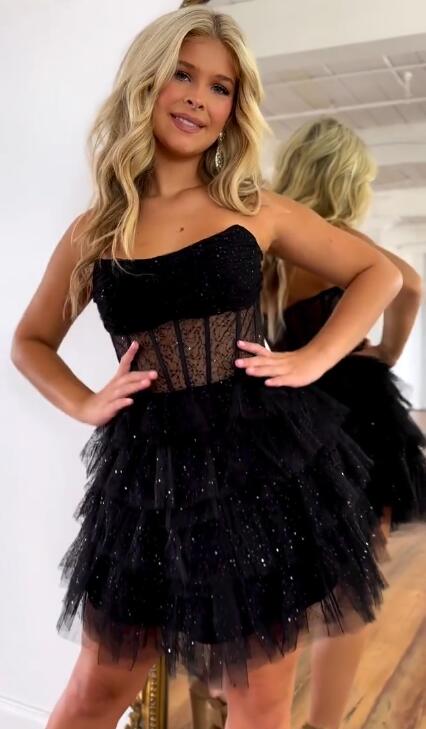 Black Strapless Sequin Tulle Homecoming Dress PC1137