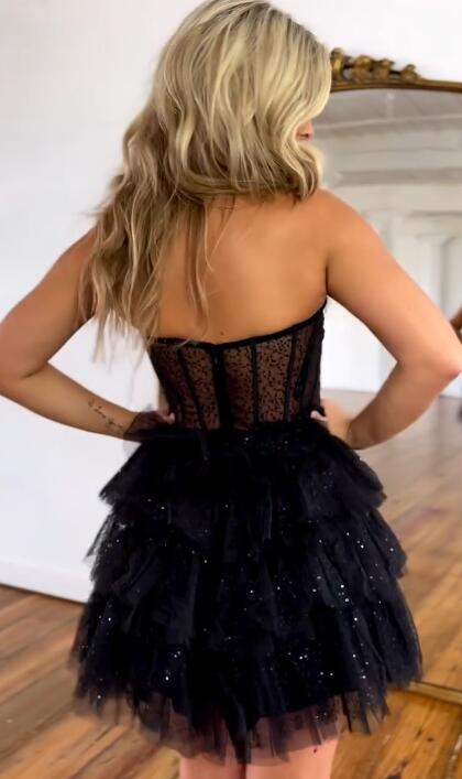 Black Strapless Sequin Tulle Homecoming Dress PC1137