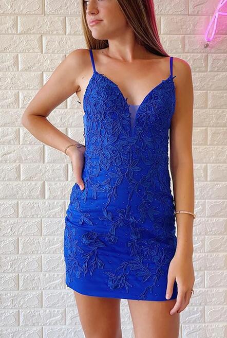 Royal Blue Straps Leaf Lace Homecoming Dress PC1136