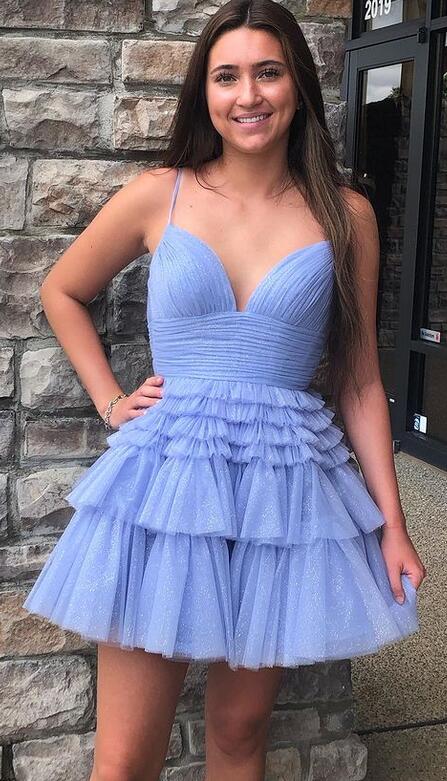 2023 V-neck Sparkly Tulle Homecoming Dresses PC1174