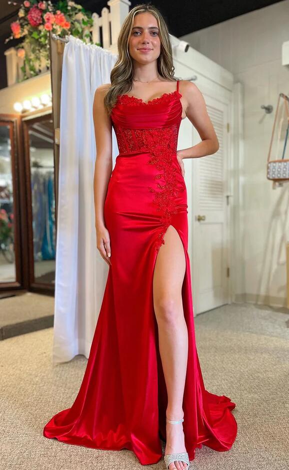Red Spaghetti Straps Lace Appliques Prom Dress with Slit PC1200