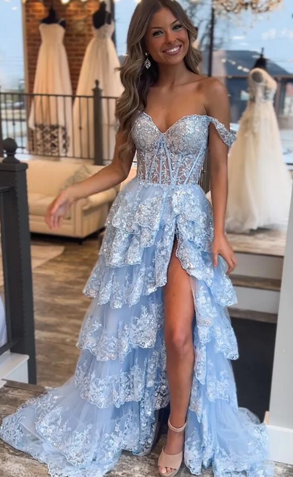 Lace Prom Dress Slit Skirt, Formal Dress, Evening Gown, Party Dresses PC1207