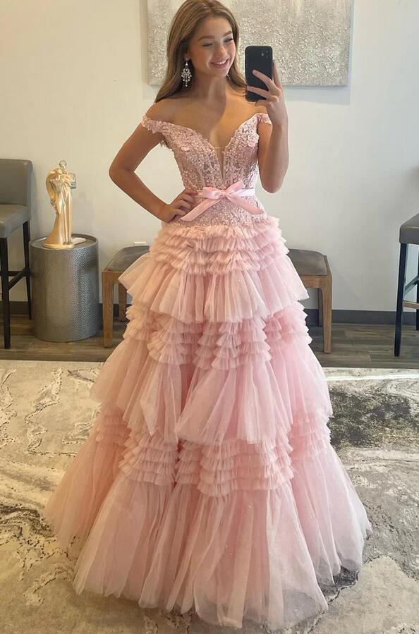 Off the Shoulder Ball Gown Prom Dress with Ruffle Skirt PC1208