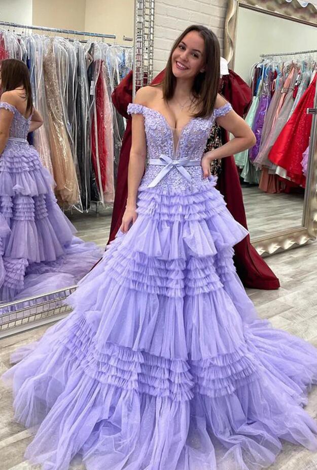 Off the Shoulder Ball Gown Prom Dress with Ruffle Skirt PC1208