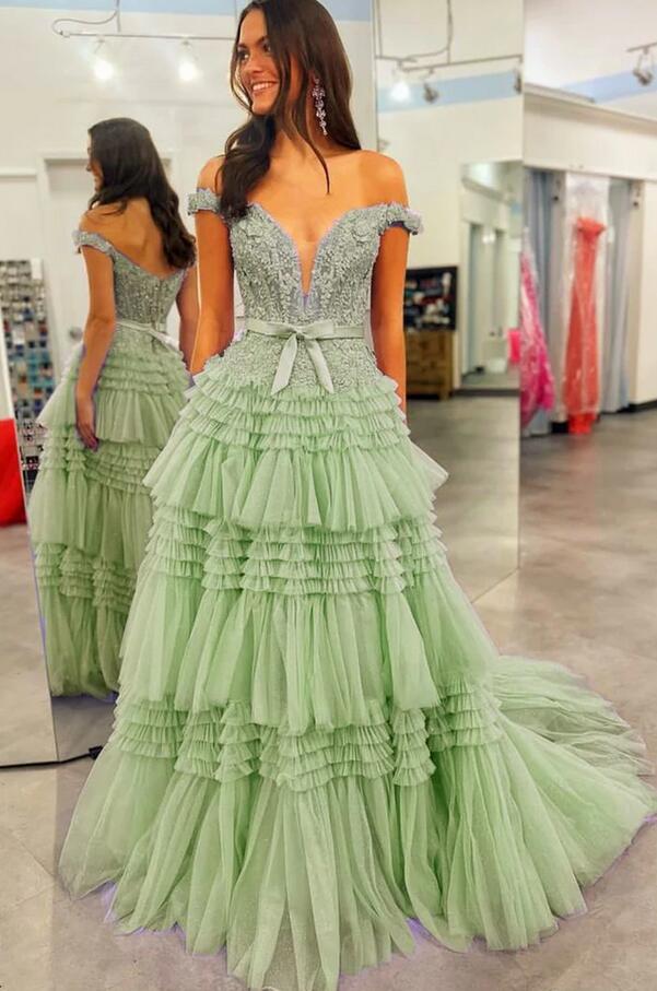 Off the Shoulder Ball Gown Prom Dress with Ruffle Skirt PC1208