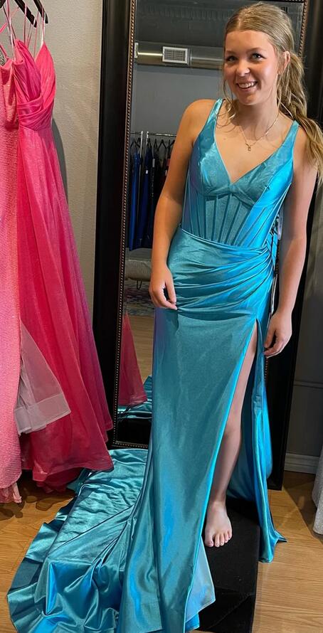 Mermaid Satin V Neck Long Prom Dress with Slit PC1216