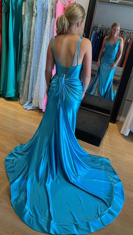 Mermaid Satin V Neck Long Prom Dress with Slit PC1216