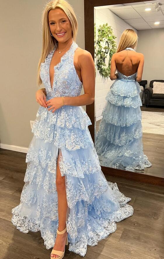 Light Blue Halter Layers Sequin Lace Long Prom Dress with Slit PC1218
