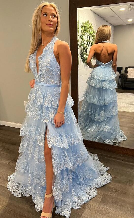 Light Blue Halter Layers Sequin Lace Long Prom Dress with Slit PC1218
