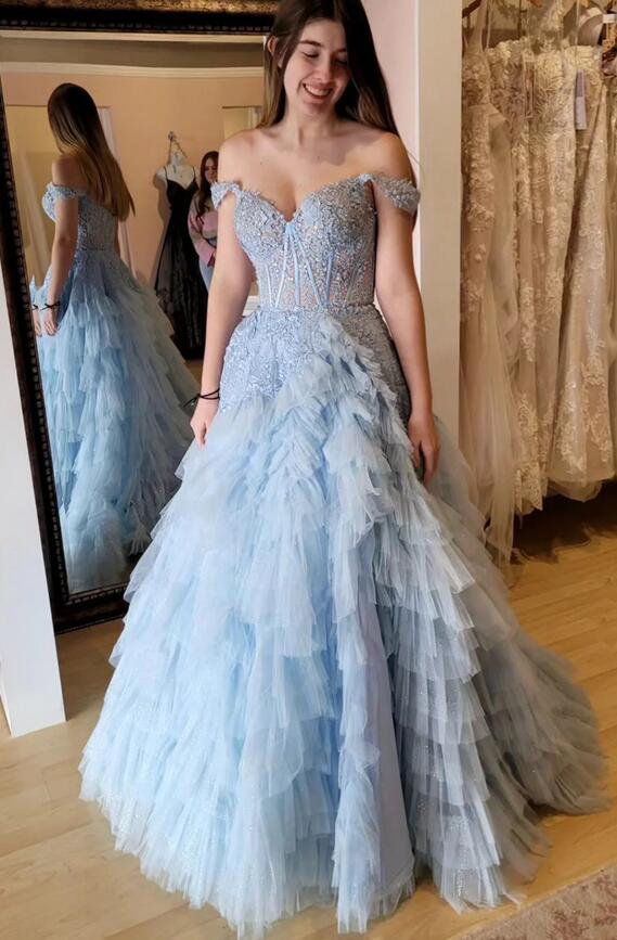 Light Blue Off-Shoulder Long Prom Dress with Lace Top PC1218