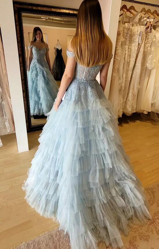 Light Blue Off-Shoulder Long Prom Dress with Lace Top PC1218