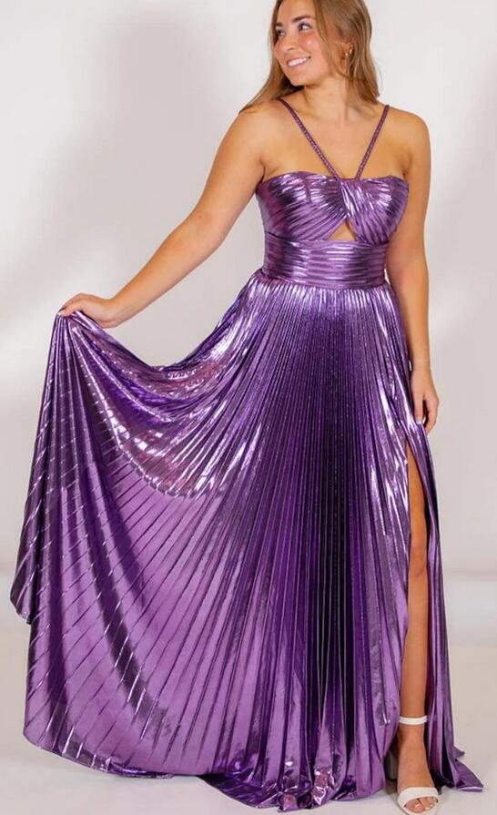 Metallic Keyhole Spaghetti Strap Long Prom Dress with Slit PC1223