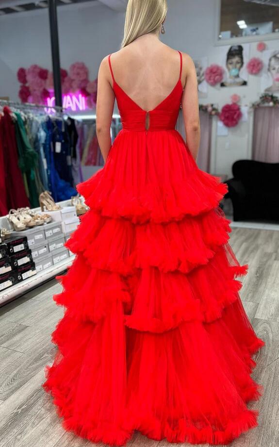 V-Neck Tulle Prom Dress with Tiered Ruffles PC1226