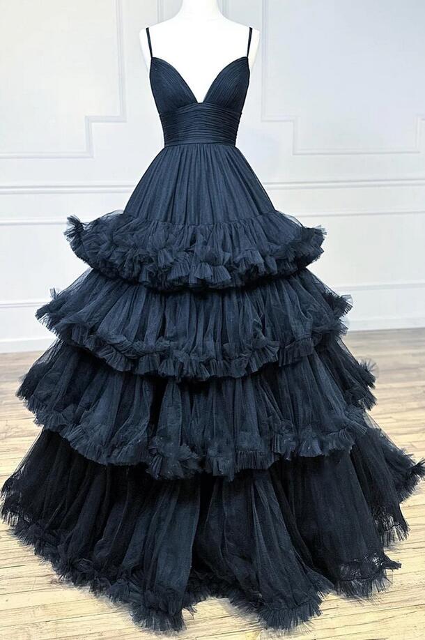 V-Neck Tulle Prom Dress with Tiered Ruffles PC1226