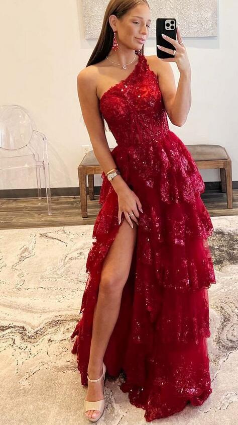One Shoulder A-Line Layered Long Prom Dress with Sequin  PC1227