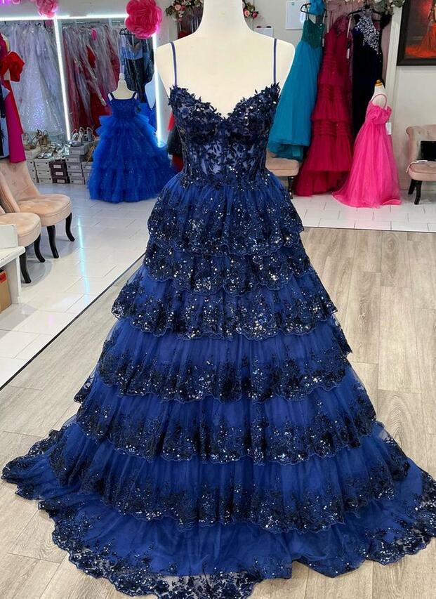 Straps Tulle Sequin Prom Dress with Sheer Corset Bodice and Ruffle Skirt PC1228
