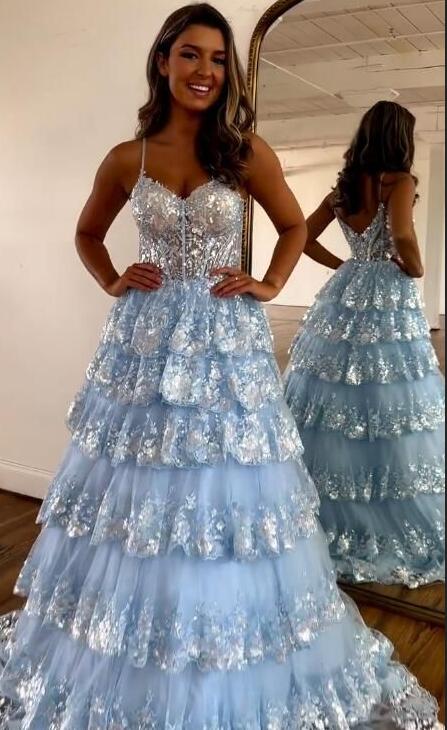 Straps Tulle Sequin Prom Dress with Sheer Corset Bodice and Ruffle Skirt PC1228