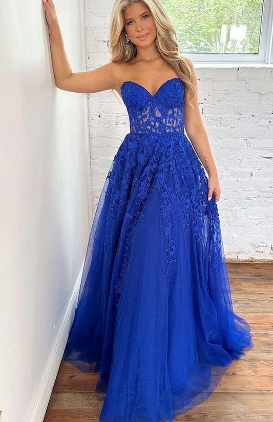 Strapless Leaf Lace Prom Dress with Sheer Corset Bodice  PC1229