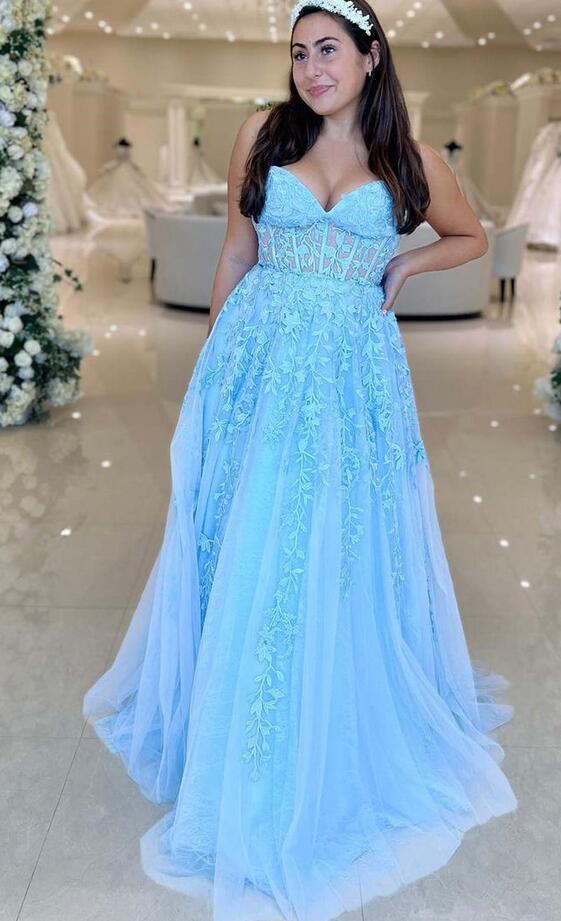 Strapless Leaf Lace Prom Dress with Sheer Corset Bodice  PC1229