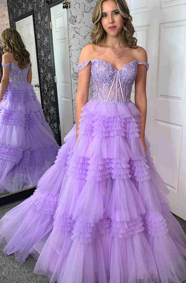 Off the Shoulder Lace Corset Ruffle Prom Dress PC1231