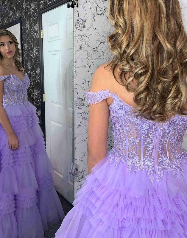 Off the Shoulder Lace Corset Ruffle Prom Dress PC1231