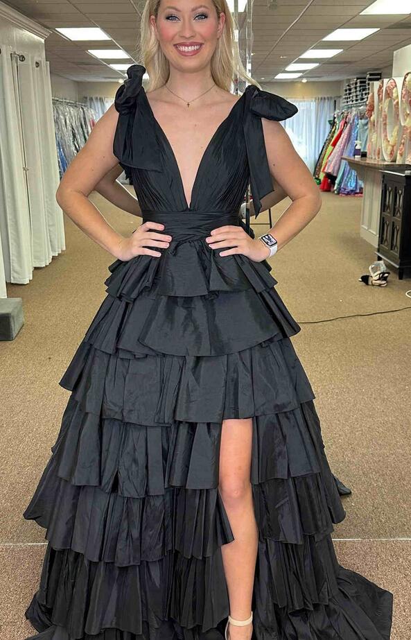 Plunging V-Neck Bow Straps Ruffle Prom Dress PC1232