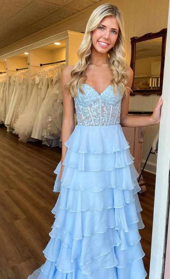 Sweetheart Chiffon Ruffle Long Prom Dress with Lace Bodice PC1233