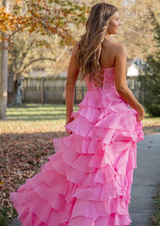 Sweetheart Chiffon Ruffle Long Prom Dress with Lace Bodice PC1233