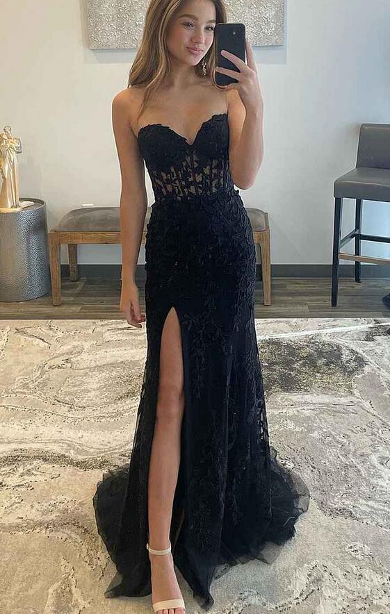 Sweetheart Leaf Lace Long Prom Dress with Slit PC1234