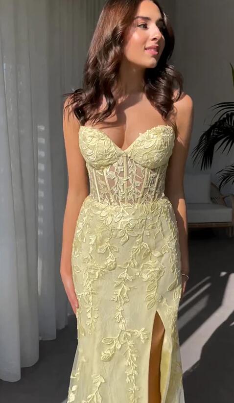 Sweetheart Leaf Lace Long Prom Dress with Slit PC1234