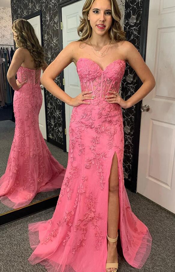Sweetheart Leaf Lace Long Prom Dress with Slit PC1235