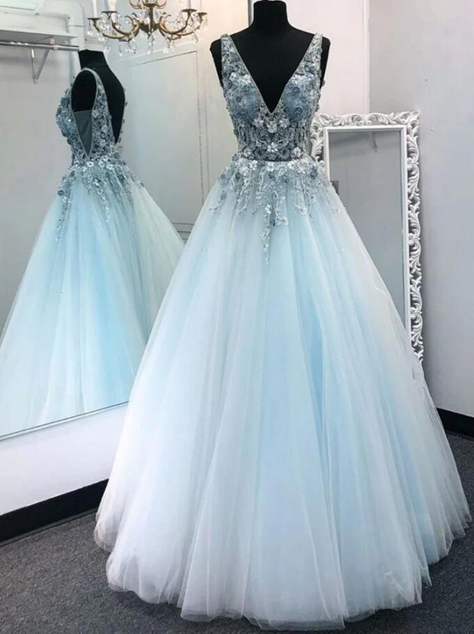 V-neck Tulle/Lace Long Prom Dress PC1238
