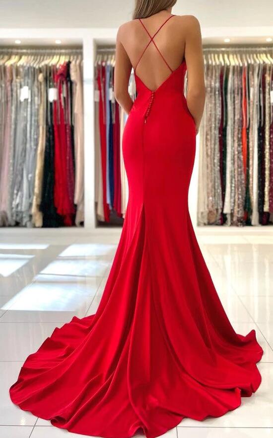 Straps Mermaid Red Long Prom Dress PC1239