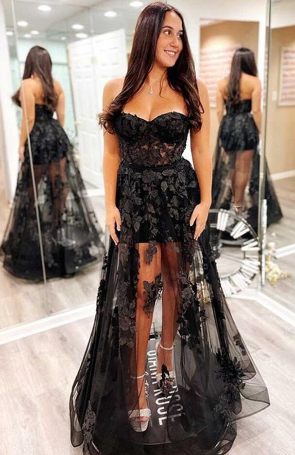 Black Strapless A-Line Long Prom Dress  PC1248