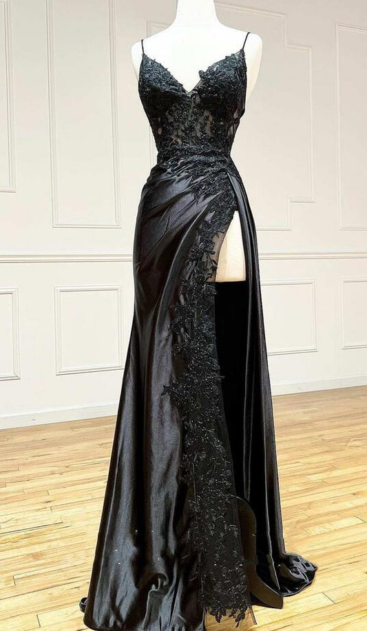 Black Spaghetti Straps Long Prom Dress  PC1249
