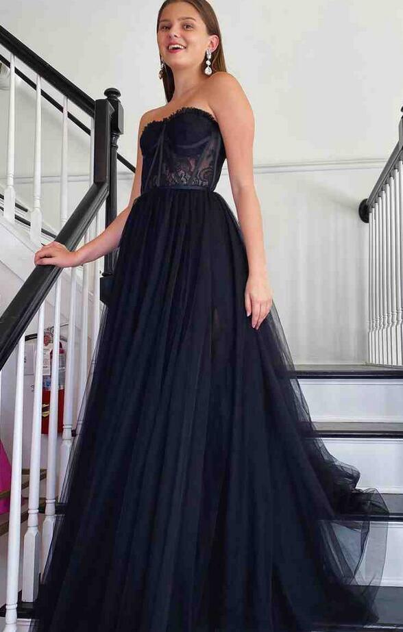 Sweetheart Black Corset Lace Tulle Long Prom Dress PC1251