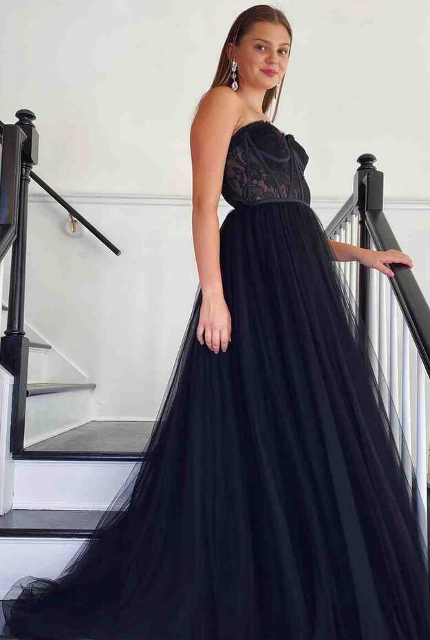 Sweetheart Black Corset Lace Tulle Long Prom Dress PC1251