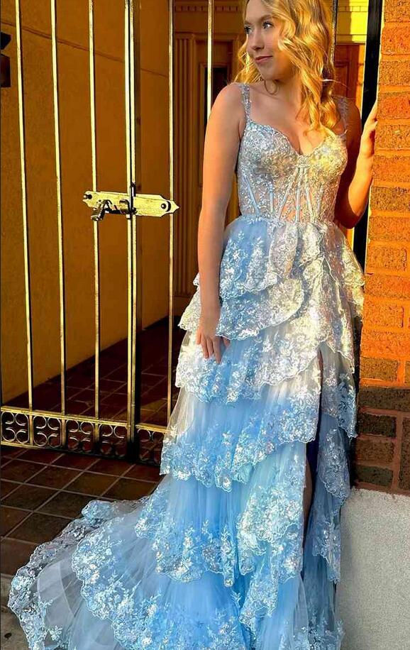 Sequins Lace Long Prom Dress with Ruffle Skirt PC1252