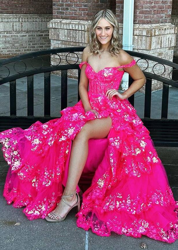Sequins Lace Long Prom Dress with Ruffle Skirt PC1252