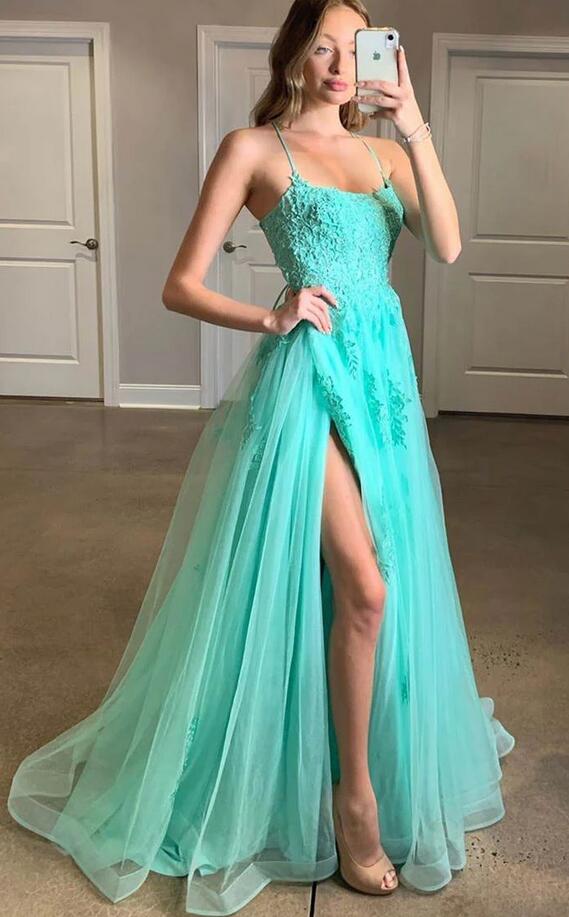 Straps Tulle/Lace Long Prom Dress with Slit PC1253