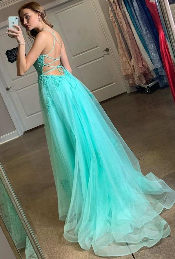 Straps Tulle/Lace Long Prom Dress with Slit PC1253