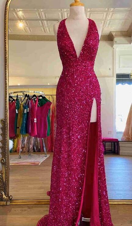 Halter Neck Sequins Long Prom Dress with Slit PC1254