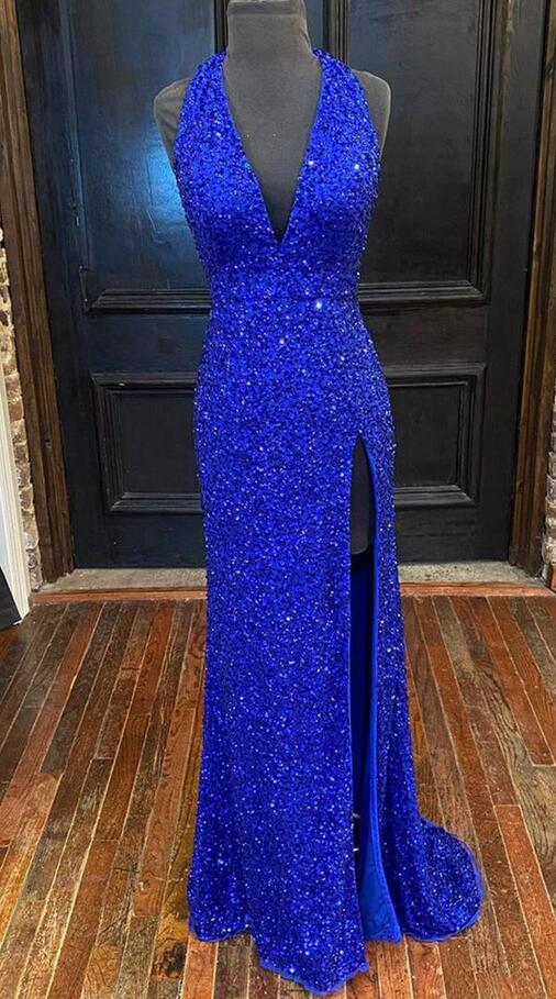 Halter Neck Sequins Long Prom Dress with Slit PC1254
