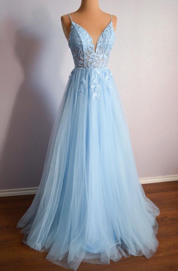 Straps Tulle Long Prom Dress with Lace Top PC1258