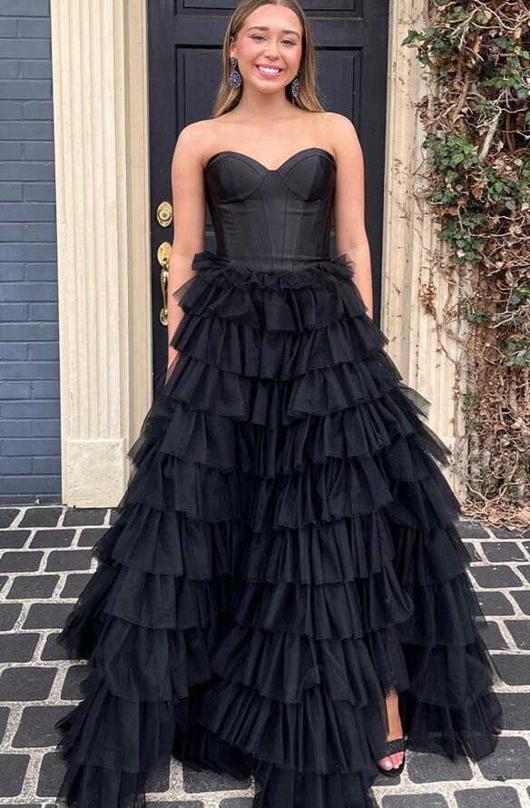 Strapless Satin/Tulle Long Prom Dress with Ruffle Skirt PC1261